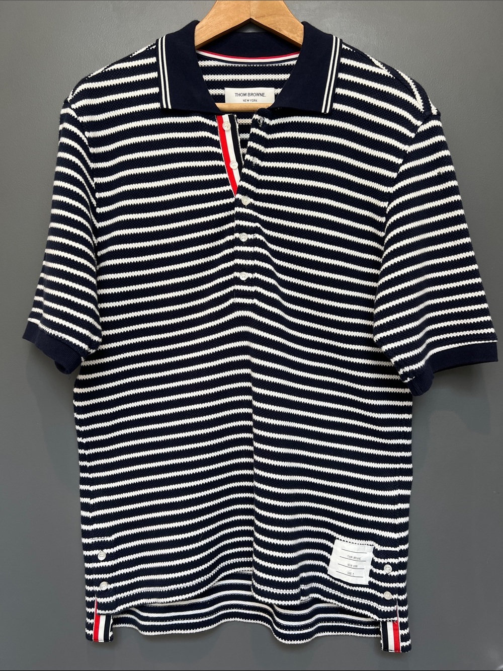 Thom Browne Navy & White Striped Short-Sleeve Polo with Red Trim